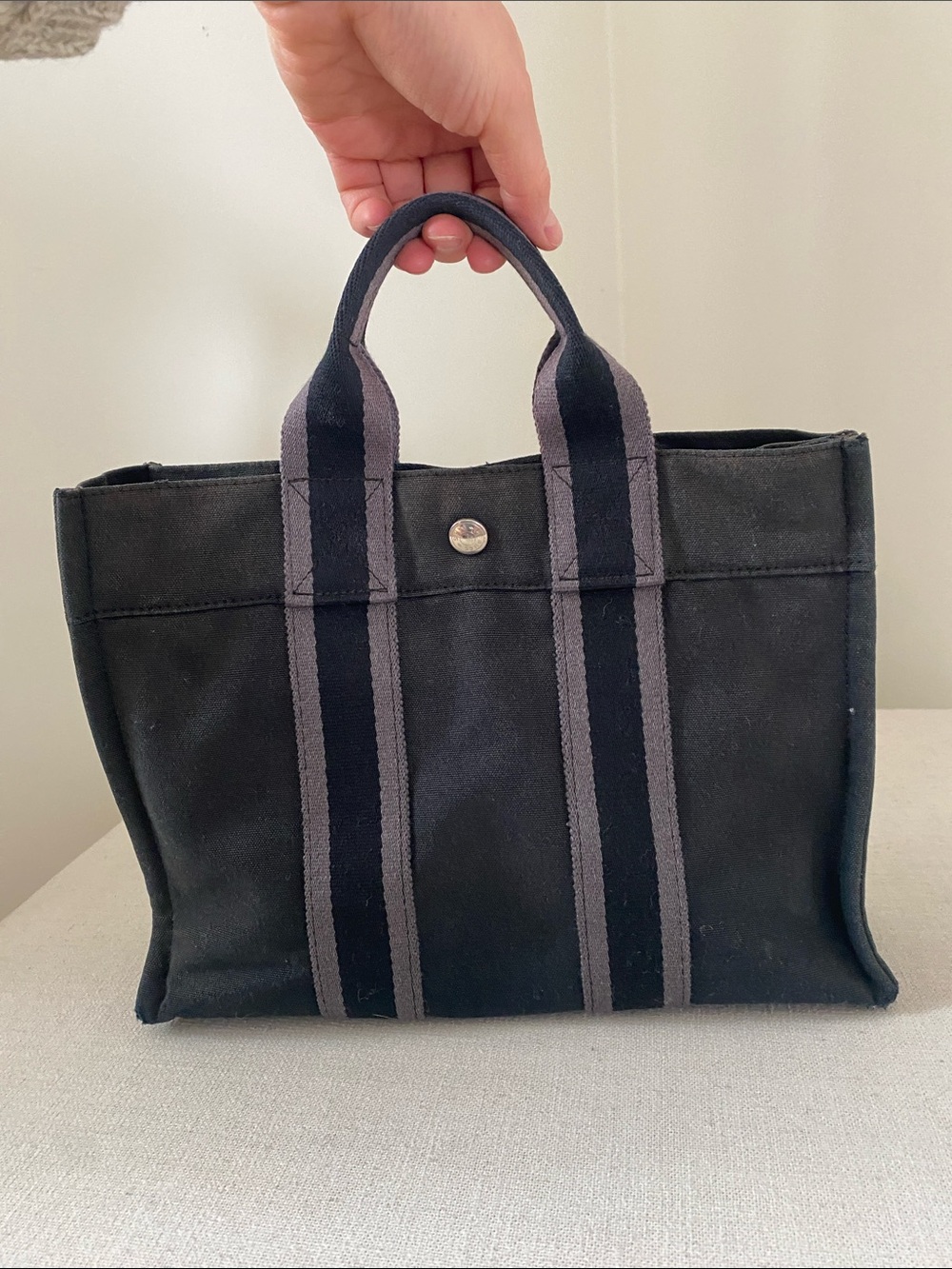 Authentic Hermès Fourre-Tout Tote Cotton Canvas | Washed Black + Grey - Picture 12 of 13